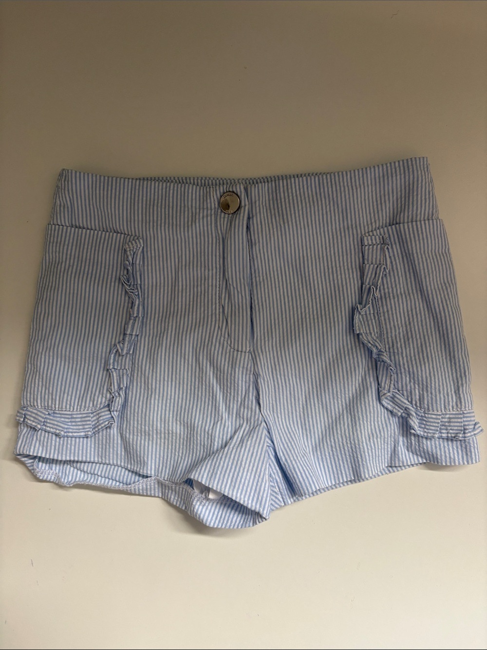 Jacadi Light Blue Striped Ruffle Pocket Shorts Size 5
